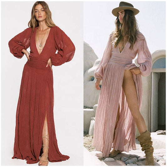 Boho Clothing Bohemian Solid Color Deep v Neck High Split Lantern Sleeve Sexy Dress